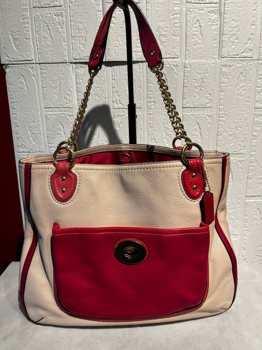 Coach Poppy Pebbled leather  Two-Tone Cream and Pink with Gold Chain Handles